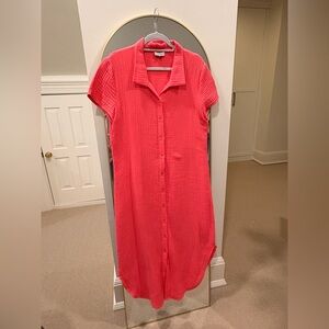 Elegant Coral Button-Down Midi Dress